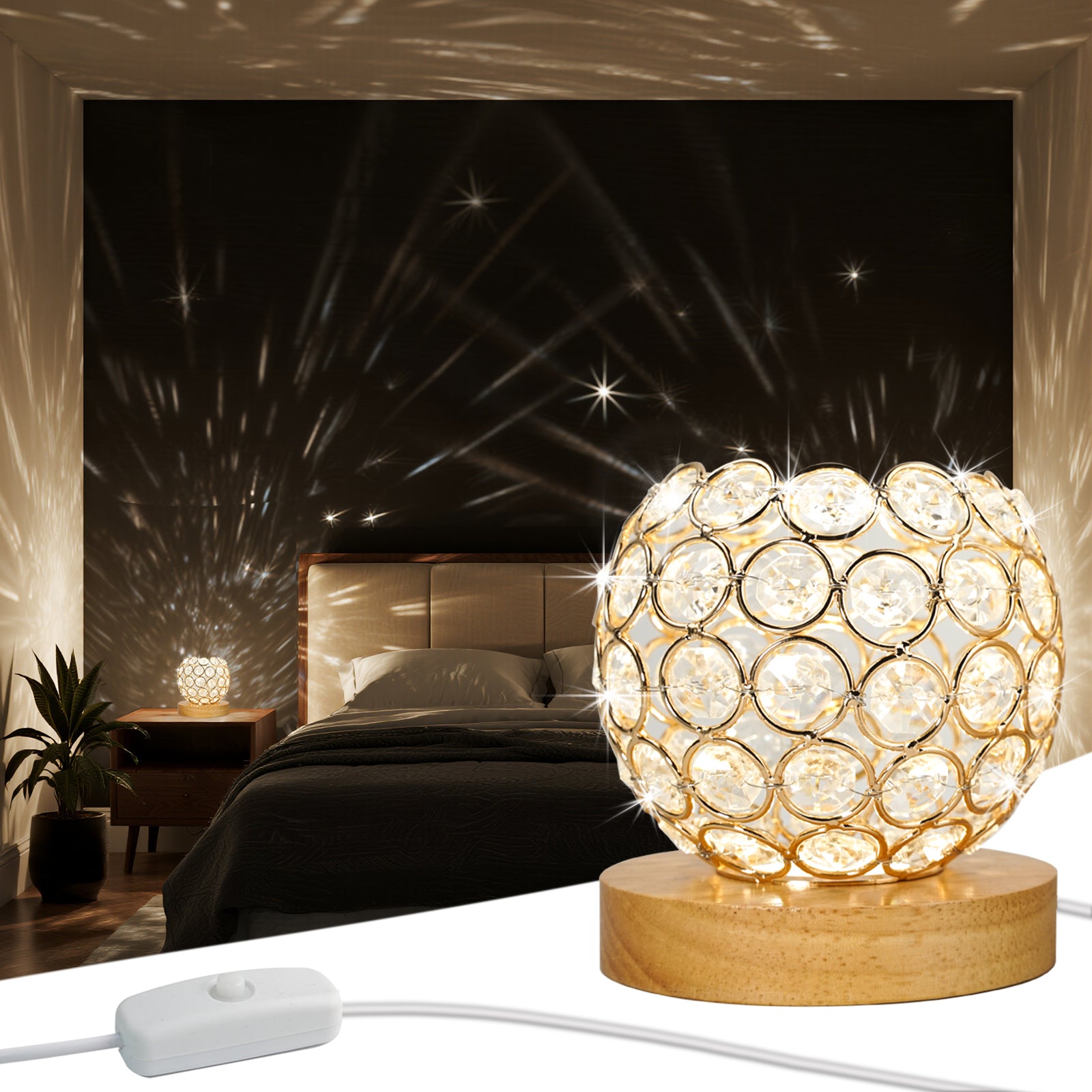 Crystal Table Lamp with 3 Lighting Modes - USB-Powered LED Desk Light,Voice Command Compatible Night Light Fixture for Living Room Bedroom